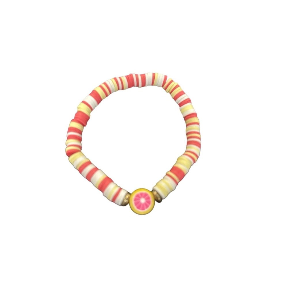 Adorable Colorful Pink/white/yellow Clay Bead Bracelets With Lemon Charm- summer